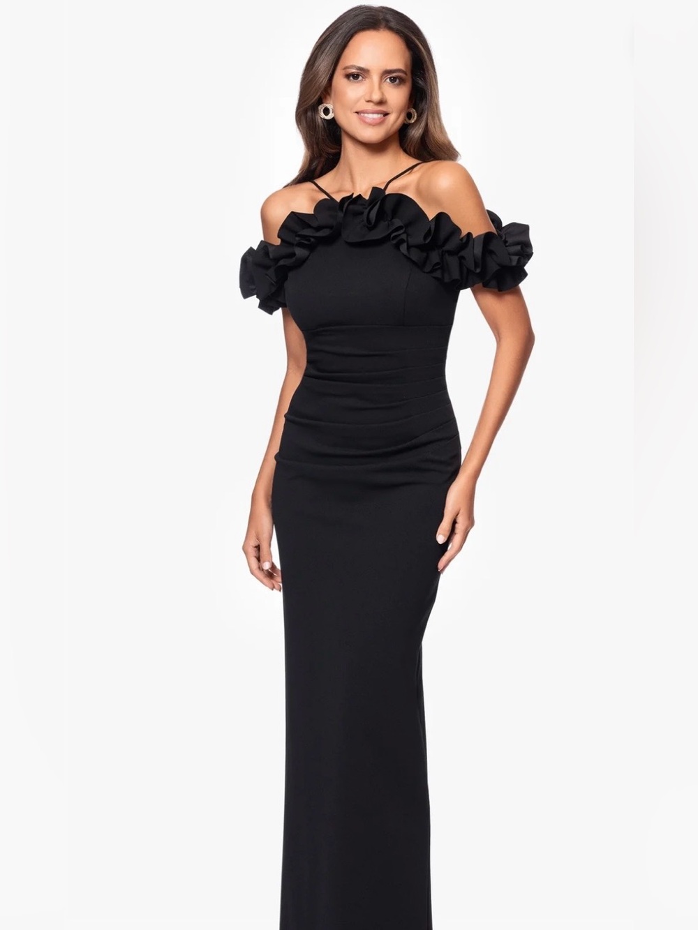 Xscape Black Off-Shoulder Ruffle Maxi Gown